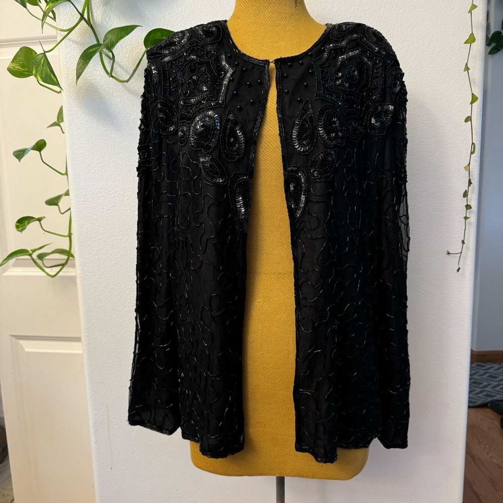 JMD New York Black Sequin Beaded Jacket Party Evening Size Large Open Cardigan L